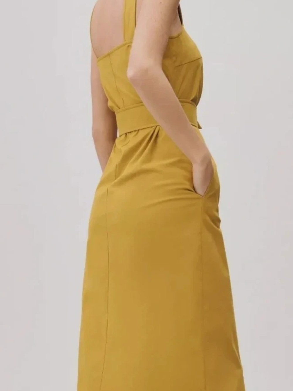 NWT Belted Double-Breasted Trench Style Mustard Midi Dress Mddium - Picture 3 of 5